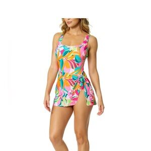 Tropical Floral Swim Wrap Tie Swim Dress